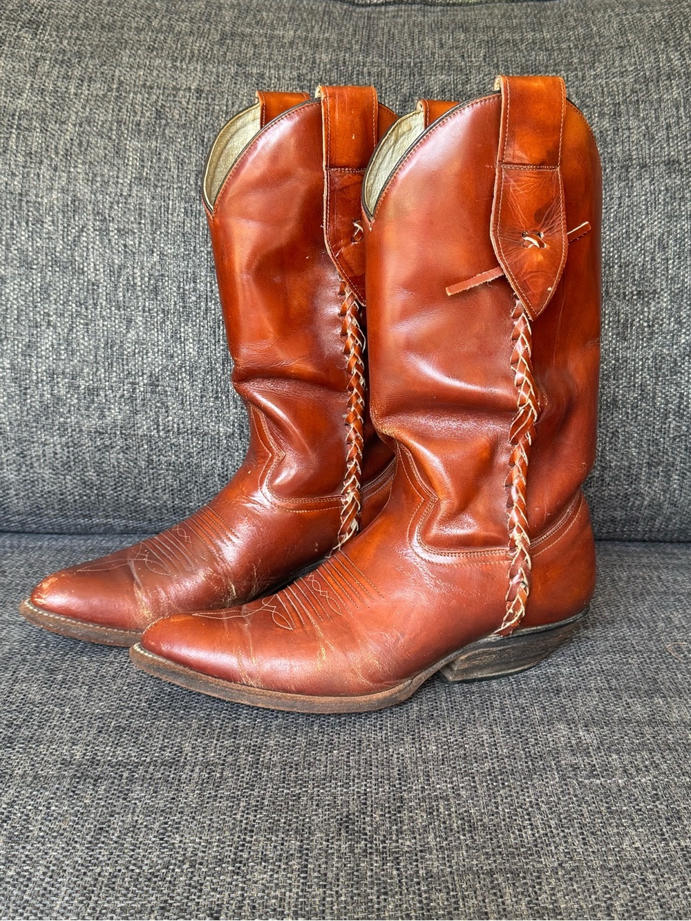 Vintage Rudel Leather Cowboy & Western Boots With Braided Side Seam Detail